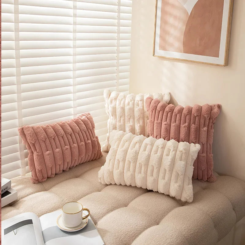 Axyaa Soft Plush Cushion Cover in Pink Ivory for Cozy Home Decor