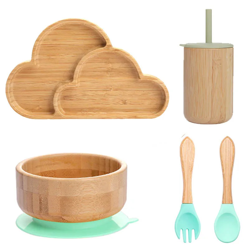 Axya Kids 5Pcs Bamboo Tableware Set with Suction Cup Non-Slip Base