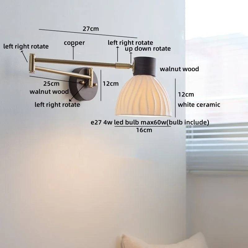 Axyaa Ceramic LED Wall Lamp, Swing Arm Rotate White Interior Light