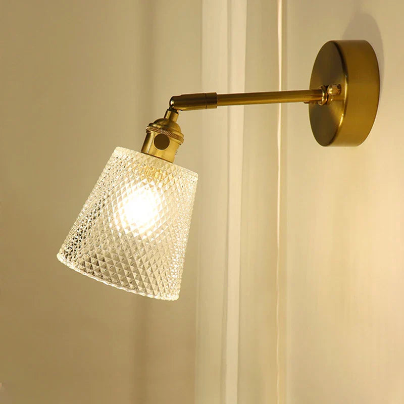 Axyaa Glass Shade Brass Wall Sconce Lamp - Modern Luxury Mirrored Bedside Light