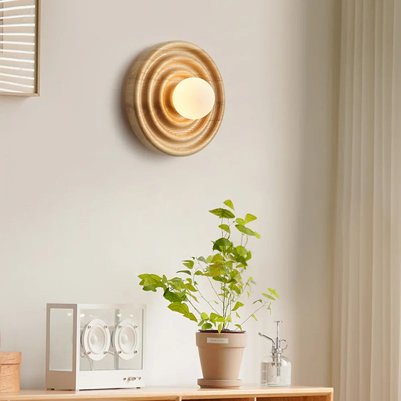 Axyaa Round Ash Wood Wall Lamp LED Light for Living Room Decor