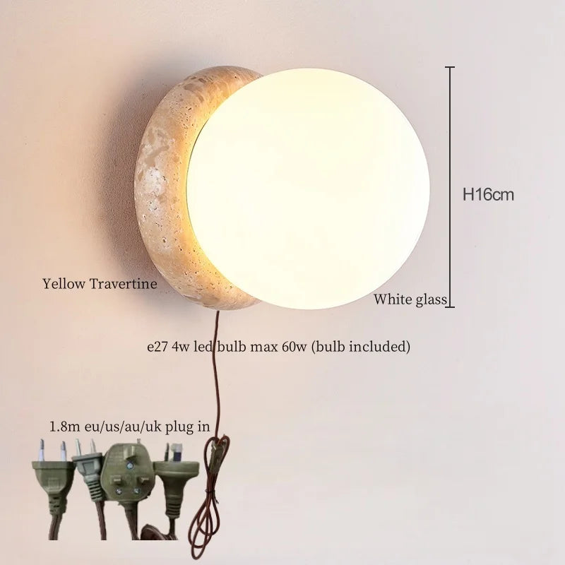 Axyaa Nordic LED Wall Sconce White Glass Yellow Travertine Decor - Bedroom Bathroom Stair Lights