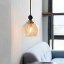 Axyaa Amber Glass LED Pendant Light: Japanese Style Wood Copper Cap Hanging Lamp