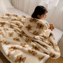 Axyaa Double-Layered Teddy Bear Plush Throw Blanket White with Brown Bear Pattern