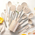 Axyaa Silicone Kitchen Utensil Set with Stainless Steel Handles and Storage Bucket