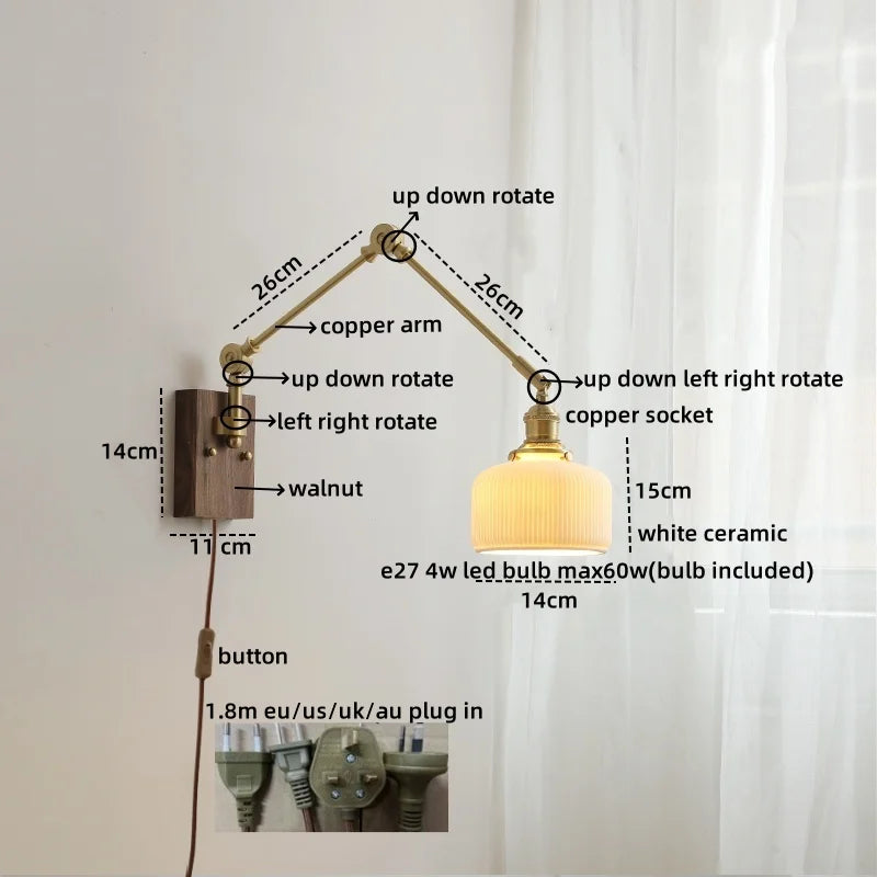 Axyaa Ceramic Copper Swing Arm LED Wall Light for Home Decor