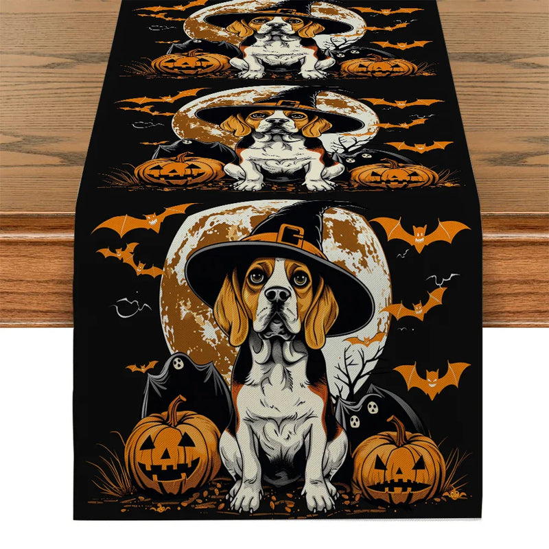 Axyaa Halloween Dog Bat Wizard Hat Table Runner for Kitchen Dining Party Decor