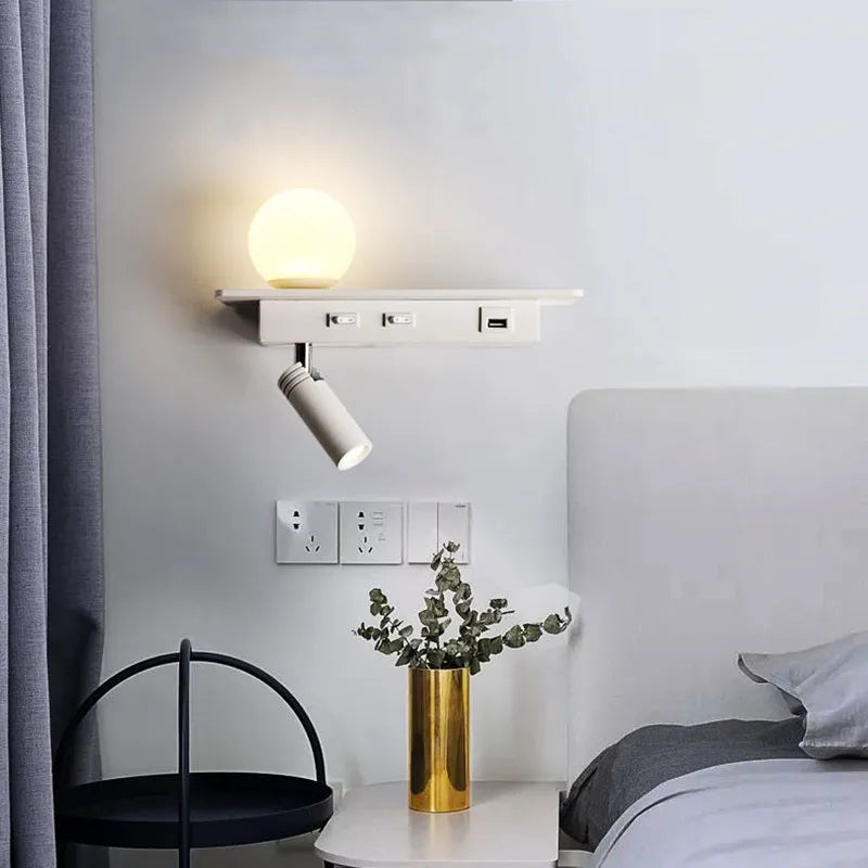 Axya 360° Wall Lamp LED Reading Light with USB Port & Wireless Charging Shelf