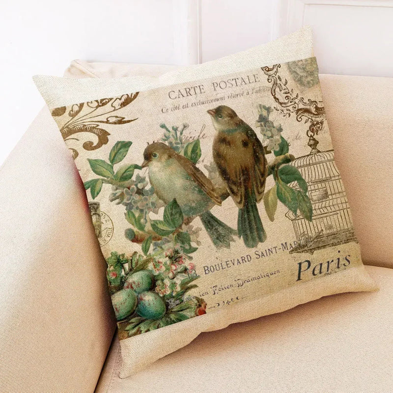 Axyaa Retro Flower Bird Linen Pillowcase Car Seat Cushion Cover Living Room Sofa