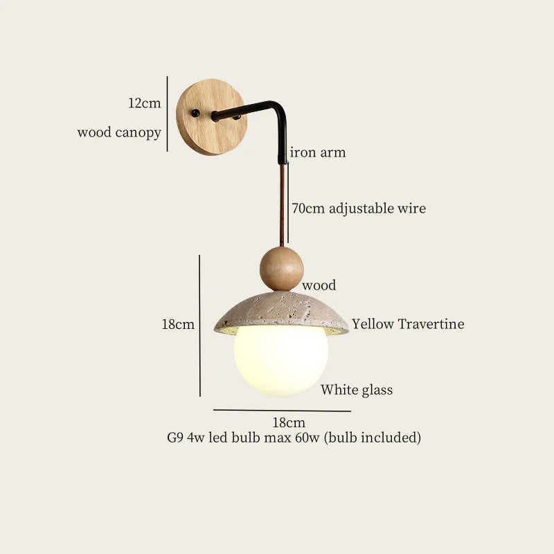 Axyaa Stone Glass LED Wall Light 70CM Adjustable Yellow Travertine Wabi Sabi Bedroom Lamp