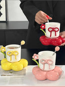 Axyaa Floral Bow Ceramic Coffee Mug Saucer Set - Exquisite Office Breakfast Cup