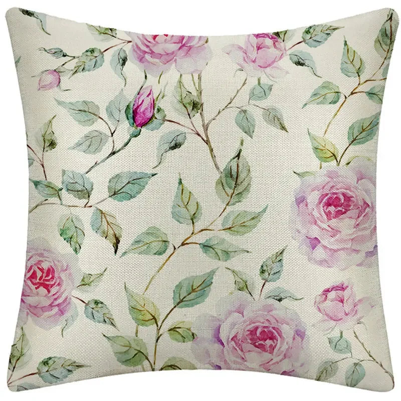 Axyaa Rose Flower Pattern Pillowcase Decorative Cotton Linen Cushion Cover