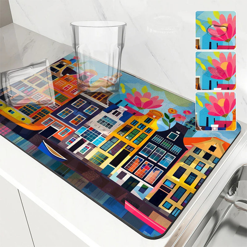 Axyaa Absorbent Kitchen Mat: Amsterdam Boats Design for Quick Drying, Antiskid & Draining