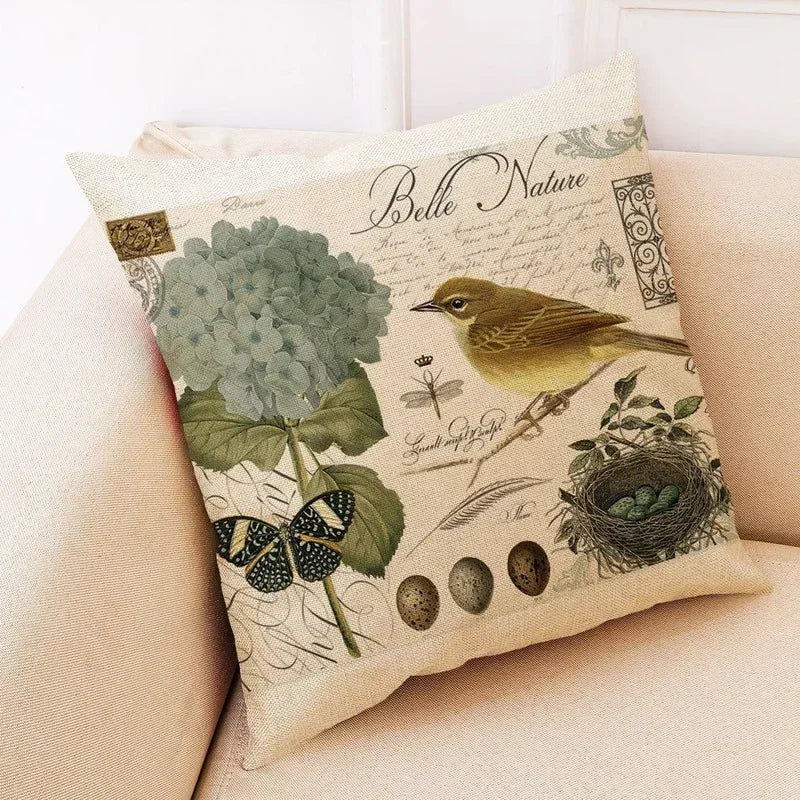 Axyaa Retro Flower Bird Linen Pillowcase Car Seat Cushion Cover Living Room Sofa