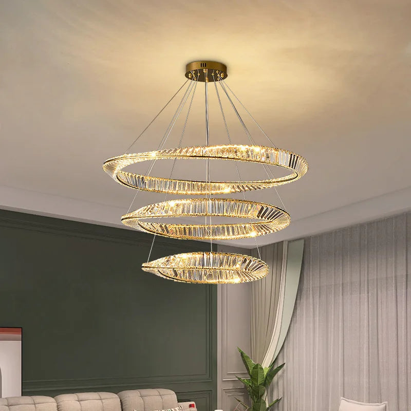 Luxury Gold Plated Steel Ring Pendant Light with Dimmable LEDs and K9 Crystals