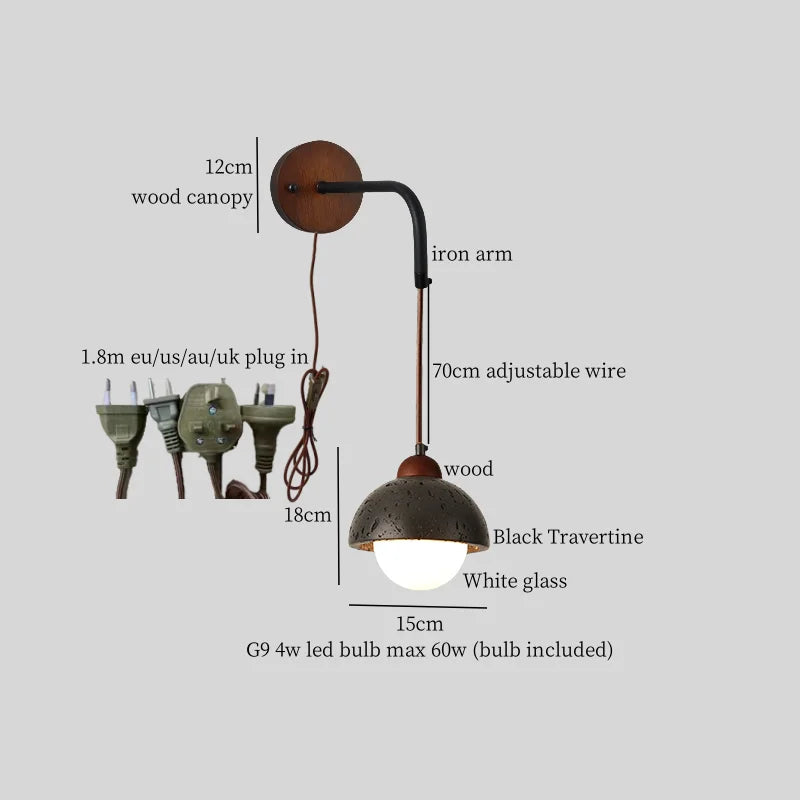 Axyaa Wabi Sabi LED Wall Light 70CM Black Travertine Bedside Lamps