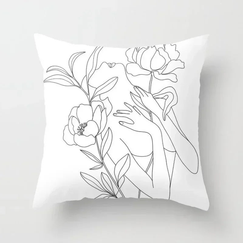 Minimalist White Pillow Cover - Axyaa Portrait Sketch Nordic Cushion