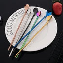 Axyaa Twisted Straw Spoon Set: 6pcs Reusable Stainless Steel Straws, Gold Tea Scoop, Black Dinnerware