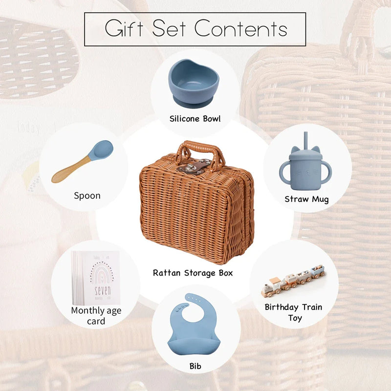 Axya Newborn Vintage Gift Box Set: Feeding Bowl, Spoon, Bib, Cup, Wooden Train Toy, Photography Prop