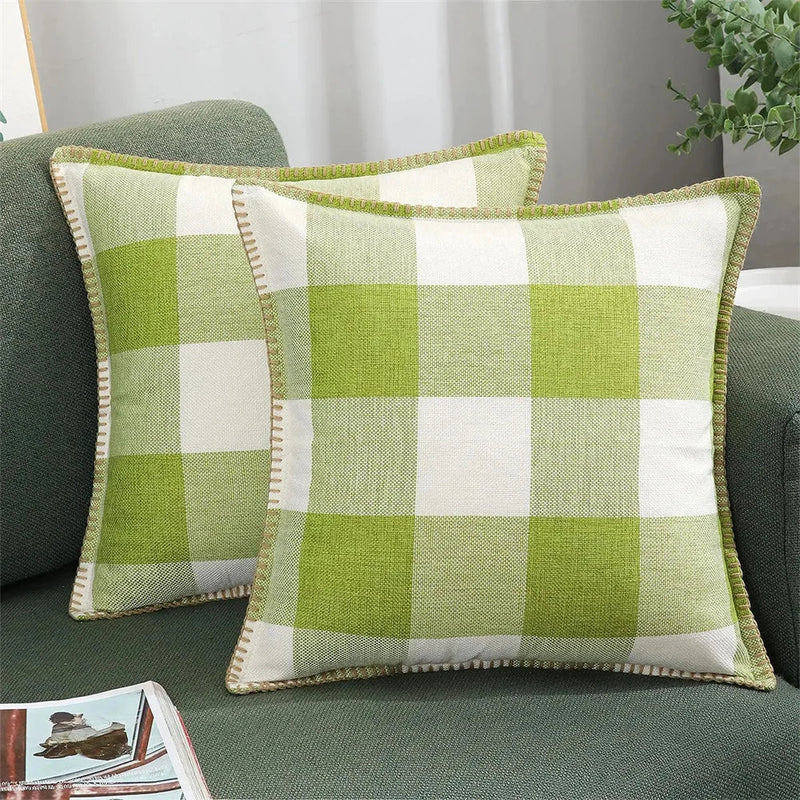 Axyaa Plaid Check 50x50cm Pillow Cover Cotton Linen Home Decor Sofa Cushion