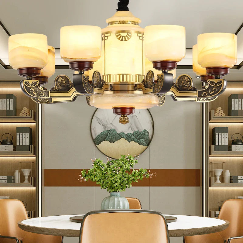 Axyaa All Copper Jade Chandelier - Chinese Style Living Room Restaurant Villa Lighting