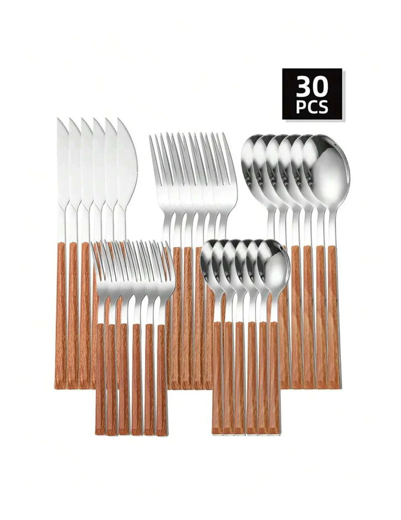 Axyaa Stainless Steel Cutlery Set with Imitation Wood Handles for Home, Hotel, Party