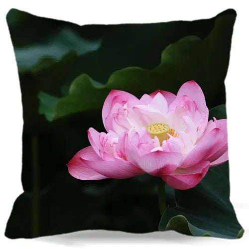 Pink White Lotus Pattern Square Cushion Cover 45X45CM by Axyaa