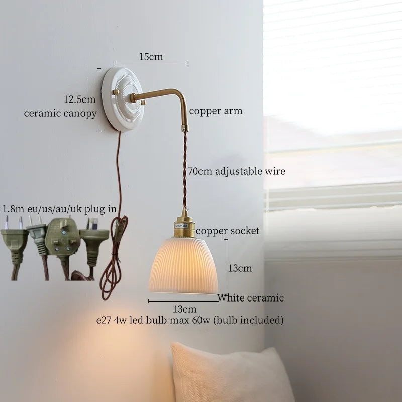 Axyaa Pleats Ceramic LED Wall Sconce Lamp with Adjustable Copper Arm