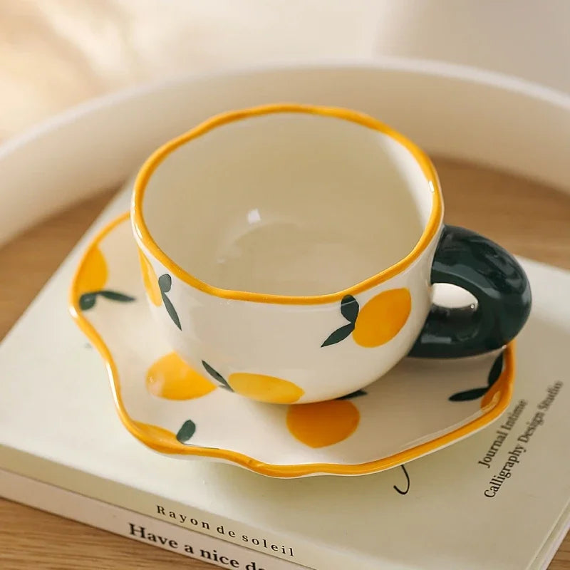 Ceramic Coffee Mug Set Creative Hand-painted Tea Cup with Saucer by Axyaa