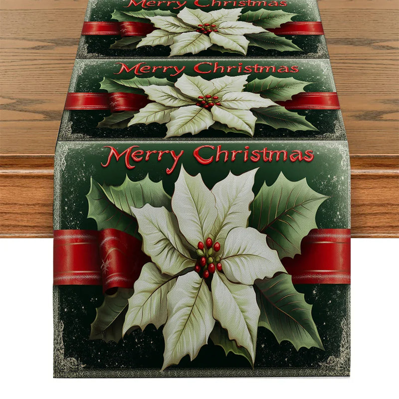 Axyaa Poinsettia Berry Snowflake Table Runner - Festive Home Decor for Dining and Parties