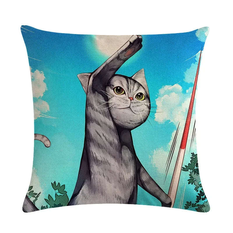 Axyaa Cartoon Cat Linen Pillow Cover for Leisure Sofa Chair Decor 45*45cm