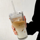 Axyaa Striped Glass Cup with Lid and Straw - 600ml Drinkware