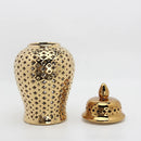 Axyaa Gold Ceramic Temple Jar with Lid, Home Decorative Vase, Hollow Storage Jar