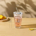 Axyaa Cute Korean Glass Water Bottle with Straw, Lid: 480ml Breakfast Glass Cups