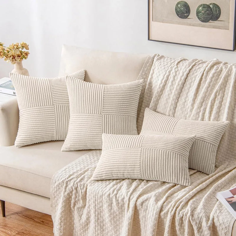 Axyaa Beige Corduroy Throw Pillow Covers 18x18 - Boho Home Decor for Sofa, Couch, Bed