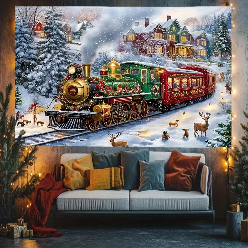 Christmas Train Tapestry Background Cloth for Parties & Photography by Axyaa Home & Outdoor