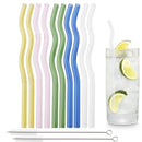 Axyaa Wavy Glass Straws 10 Pack + 2 Cleaning Brushes - Transparent 7.8 in • Eco-Friendly
