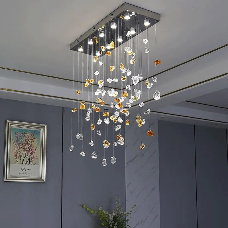 Axyaa Stone Chandelier: Modern Luxury LED Crystal Pendant Lights for Living Room