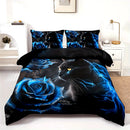 Black Cat Blue Rose Duvet Cover Set - Axyaa Floral Animal Bedding
