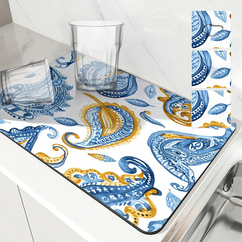 Axyaa Paisley Pattern Absorbent Dish Drying Mat with Rubber Backing