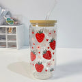 Axyaa Kawaii Strawberry Glass Cup 500ml Bamboo Lid Iced Hot Coffee Tumbler