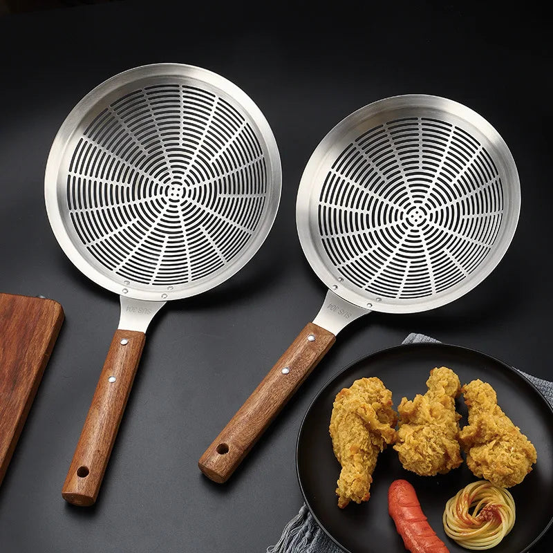 Axyaa Stainless Steel Large Colander with Wooden Handle - Kitchen Strainer Skimmer
