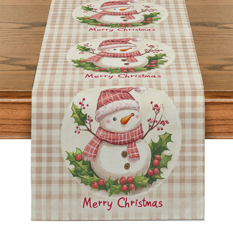 Snowman Holly Berries Table Runner by Axyaa: Festive Kitchen & Dining Decoration