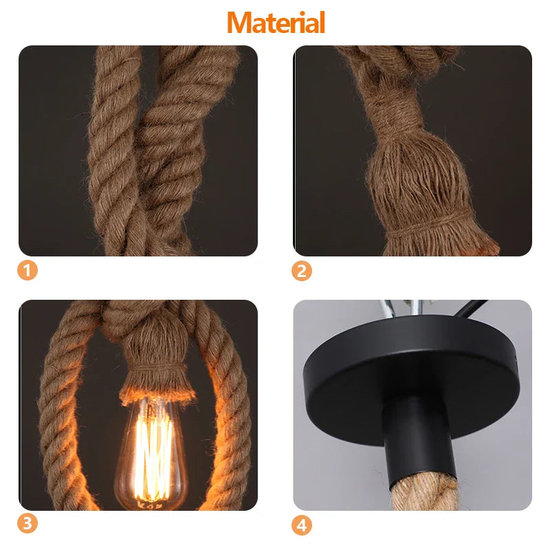 Axyaa Industrial Pendant Lamp Holder with Hemp Rope - 1/2/3/4/5 Heads