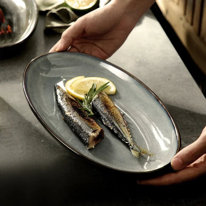 Axya Large Oval Ceramic Fish Plate – High-End Commercial Serving Platter