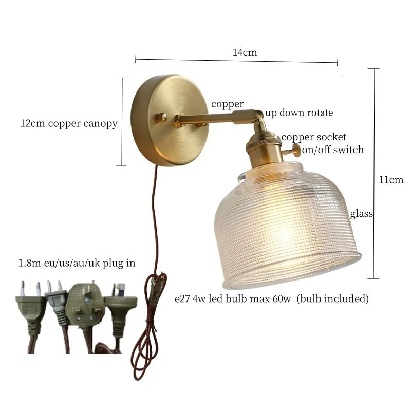 Axyaa Clear Brass Glass LED Wall Lamp with Pull Chain
