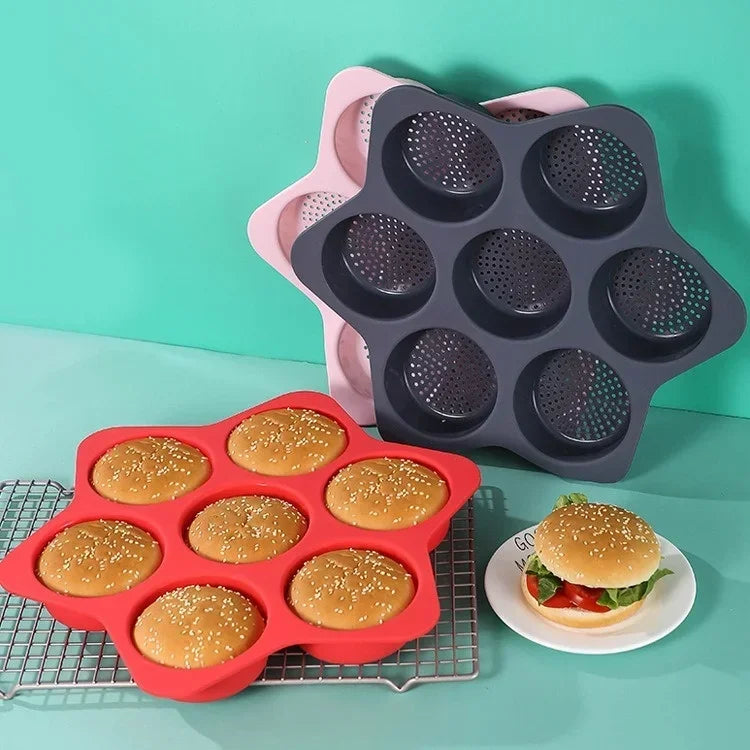 Axyaa 6-Hole Silicone Hamburger Mold for Oven Baking and Bread Making