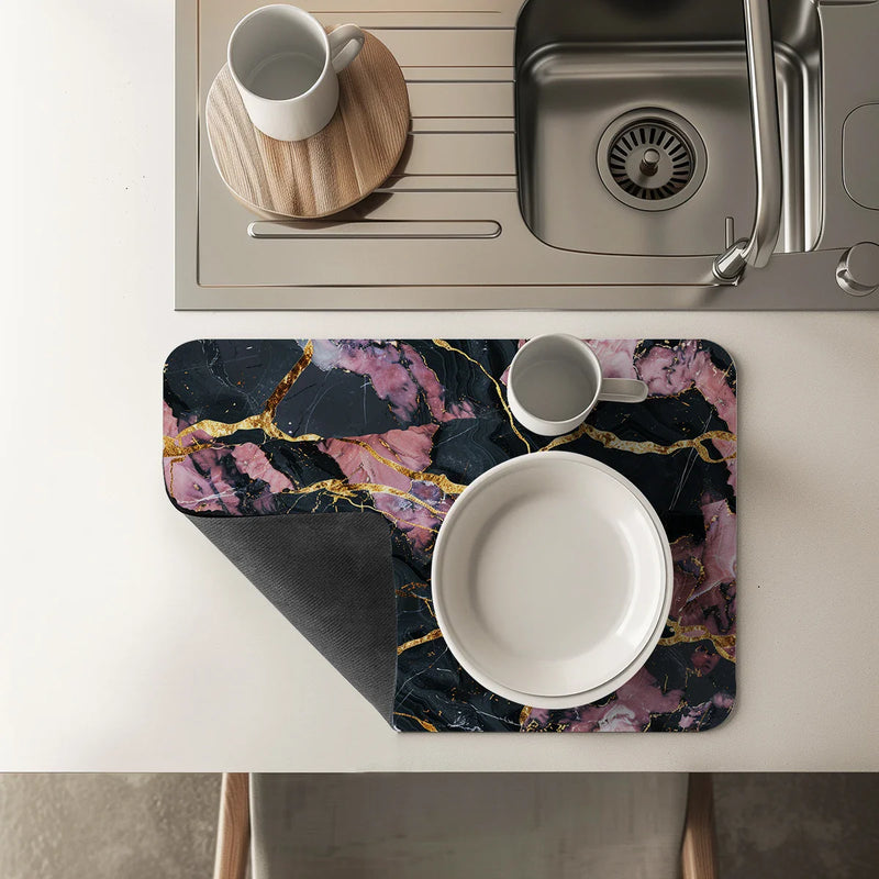 Axyaa Black Marble Kitchen Draining Mat - Absorbent & Anti-slip
