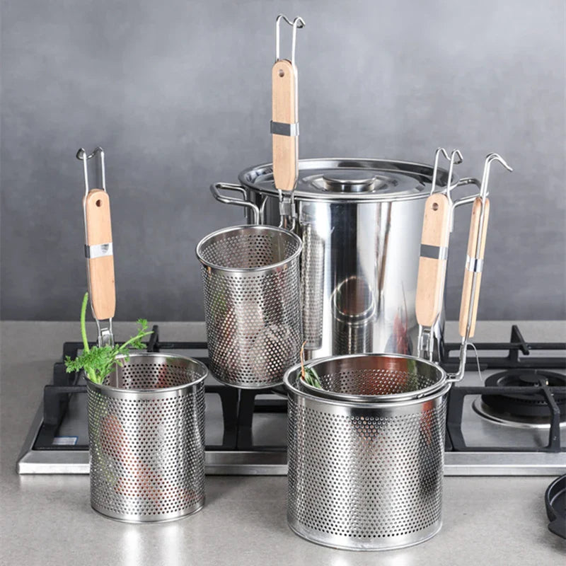 Axyaa Stainless Steel Hot Pot Colander with Wooden Handle - Kitchen Skimmer Basket