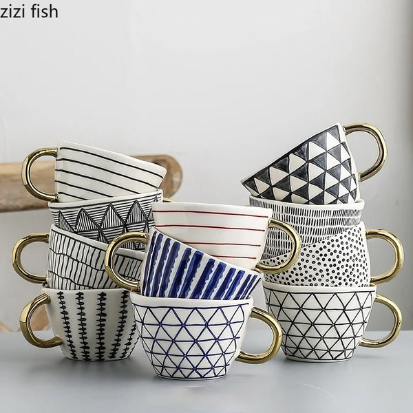 Axya Irregular Geometric Ceramic Coffee Cup with Gold Handle, Black & White Pattern